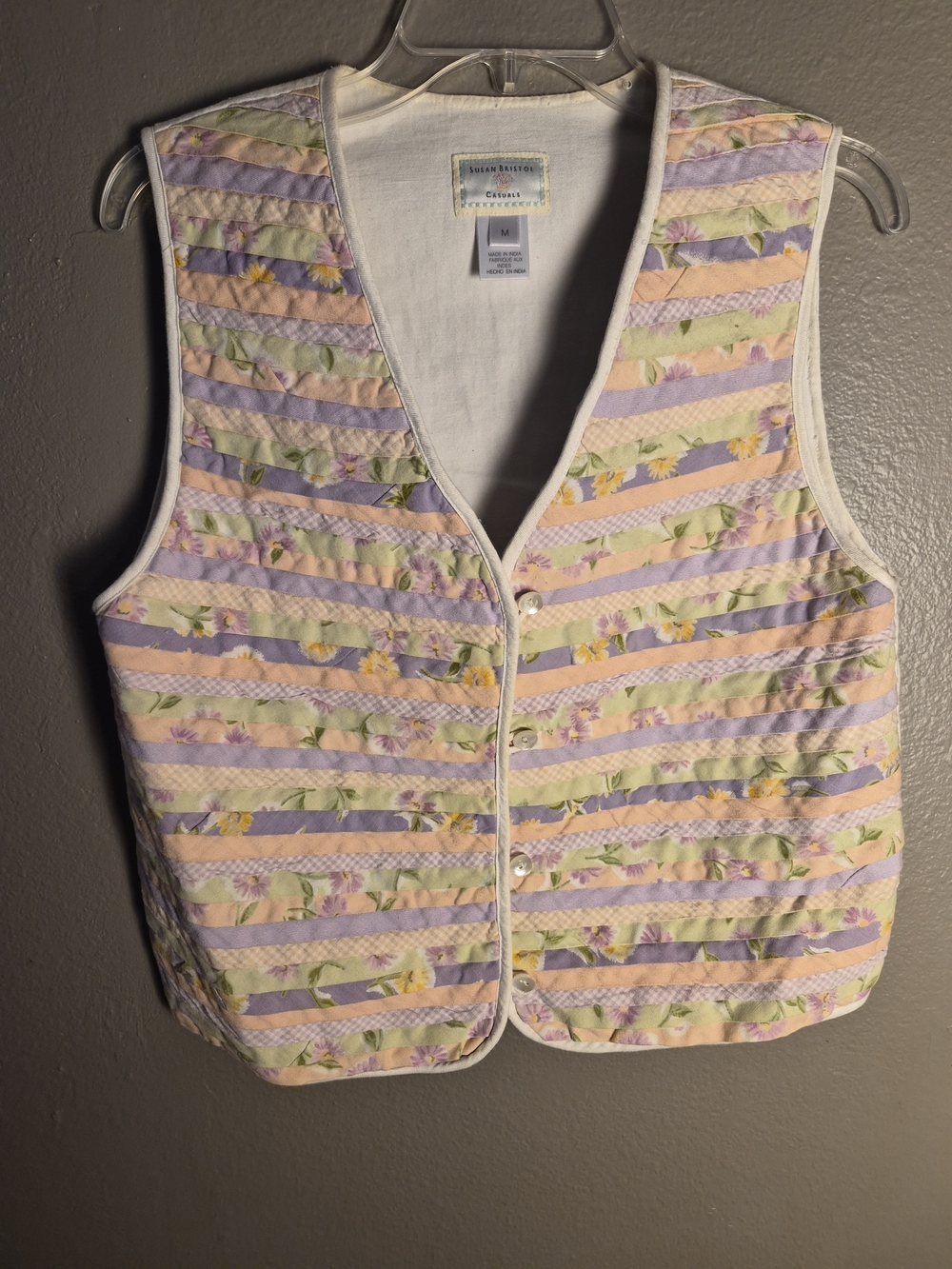 Susan Bristol Pastel Floral Quilted Button-Front Vest - Lavender, Peach, Cream